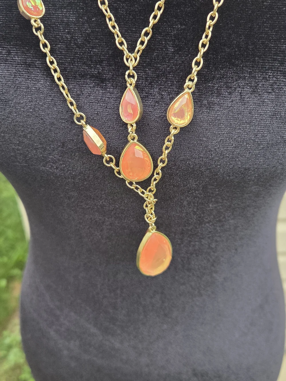 Gold-Tone Layered Necklace with Coral Teardrop Stones
